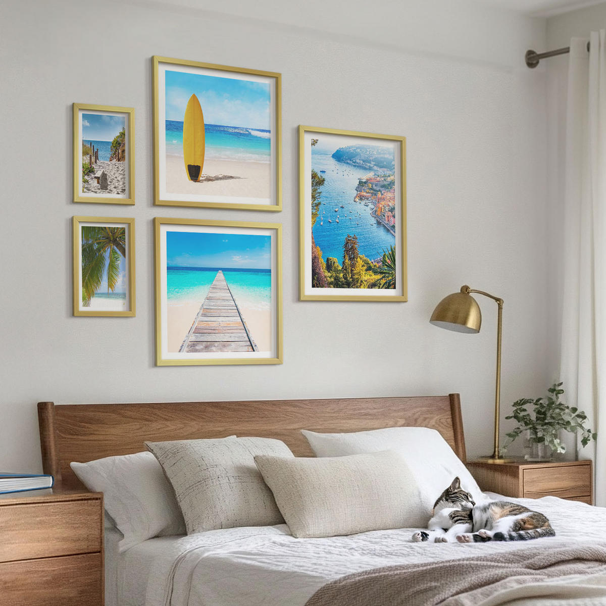 WANDBILDER 5er Set - 50x50 cm & 20x30 cm & 40x60 cm Goldrahmen - Urlaubsblick Strand Palmen - Goldfarben, Kunststoff (40/60cm) - ArtPrintCave