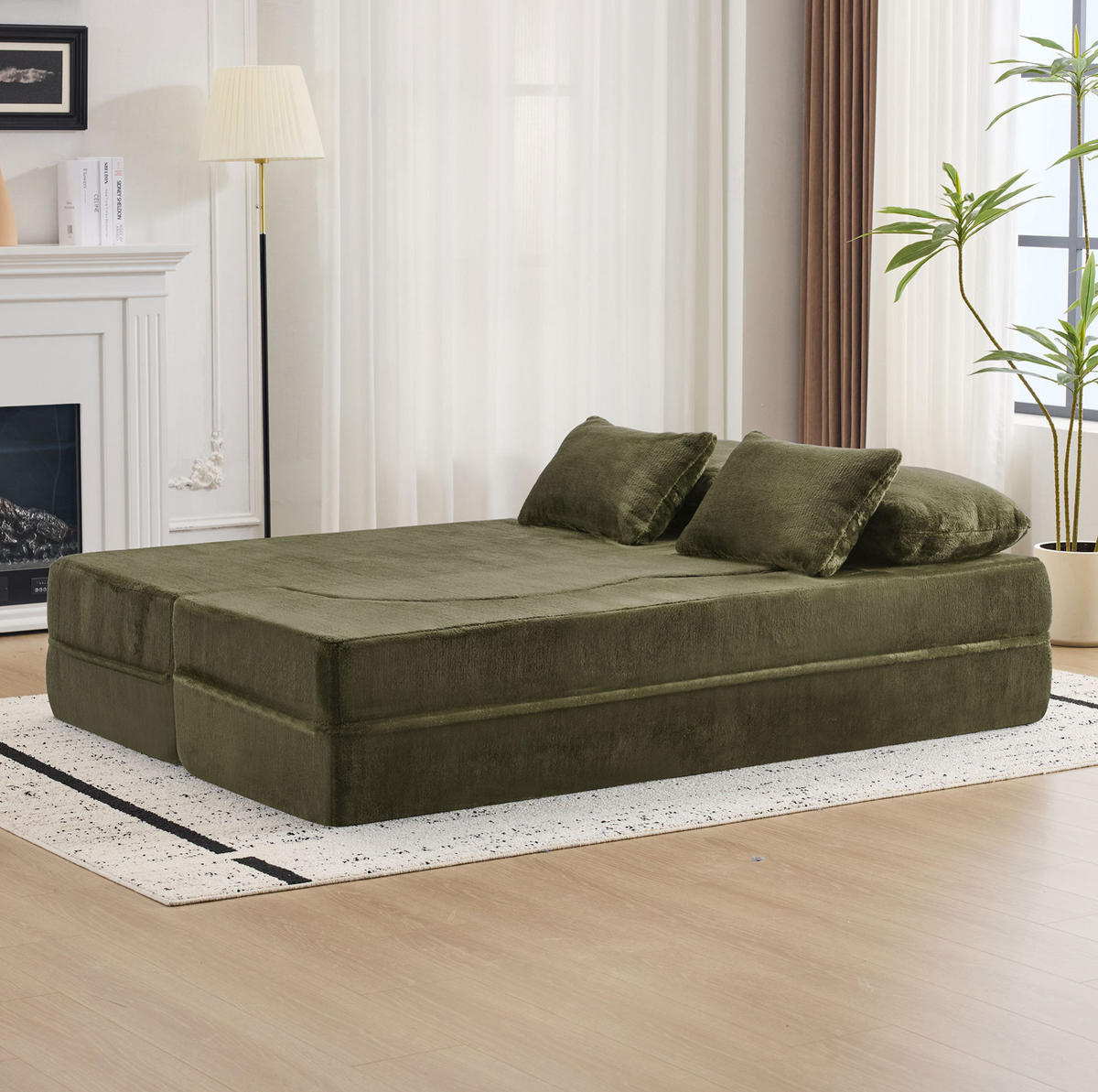 SCHLAFSOFA aus Schaumstoff und Federkern Grün 2-in-1 mit 4 Kissen und klappbarer Liegefunktion - Grün, Kunststoff (198/76/60cm) - Modfu