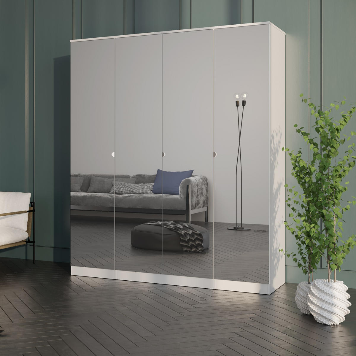 DREHTÜRENSCHRANK mit Spiegel Monza 4D 160 Weiß - Weiß/Grau, Holzwerkstoff/Metall (160/200/60cm) - mzm24