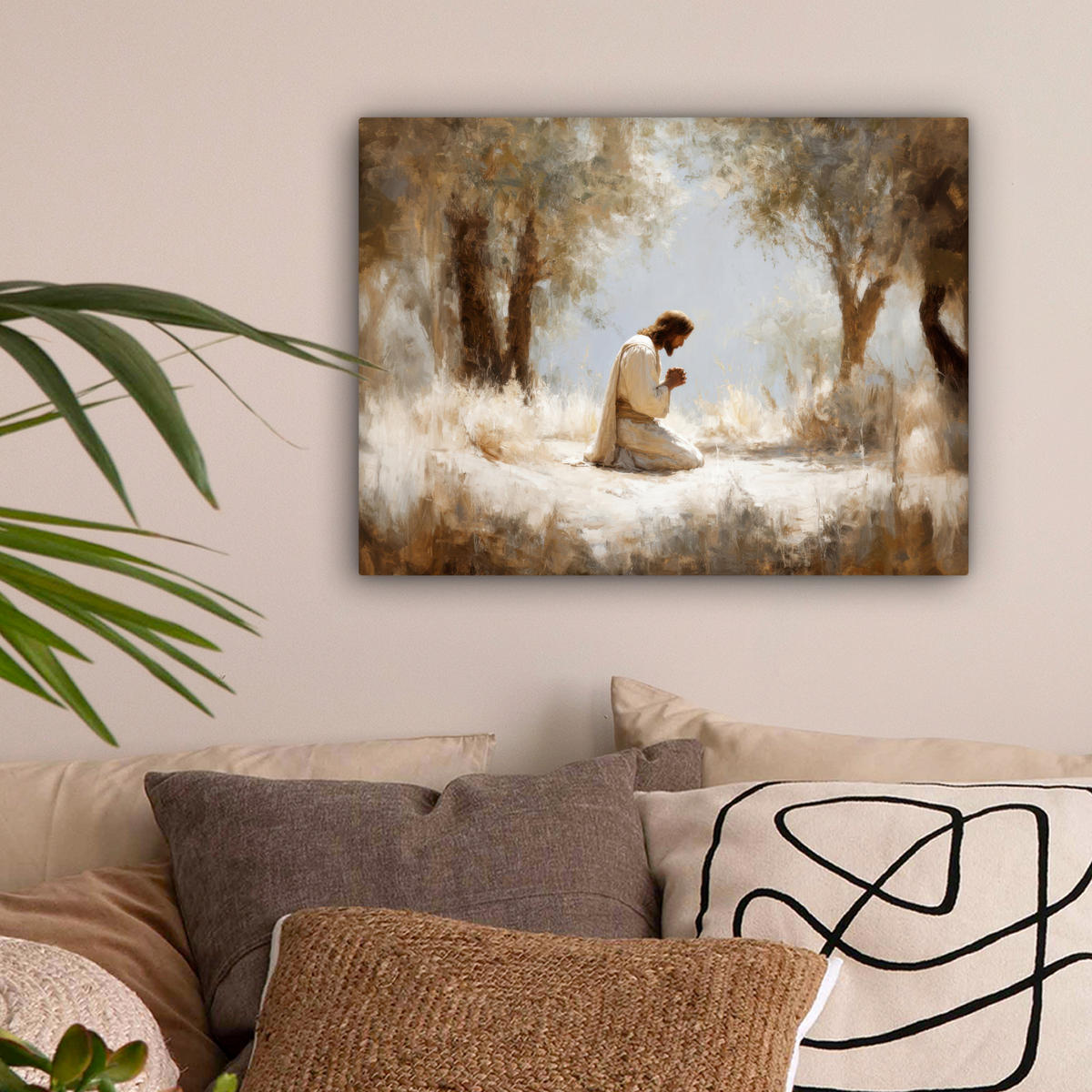 LEINWANDBILD Jesus - Kniend - Waldlandschaft - Betend Wandbild 40x30 cm - Beige/Hellblau, Textil (40/30cm) - MuchoWow