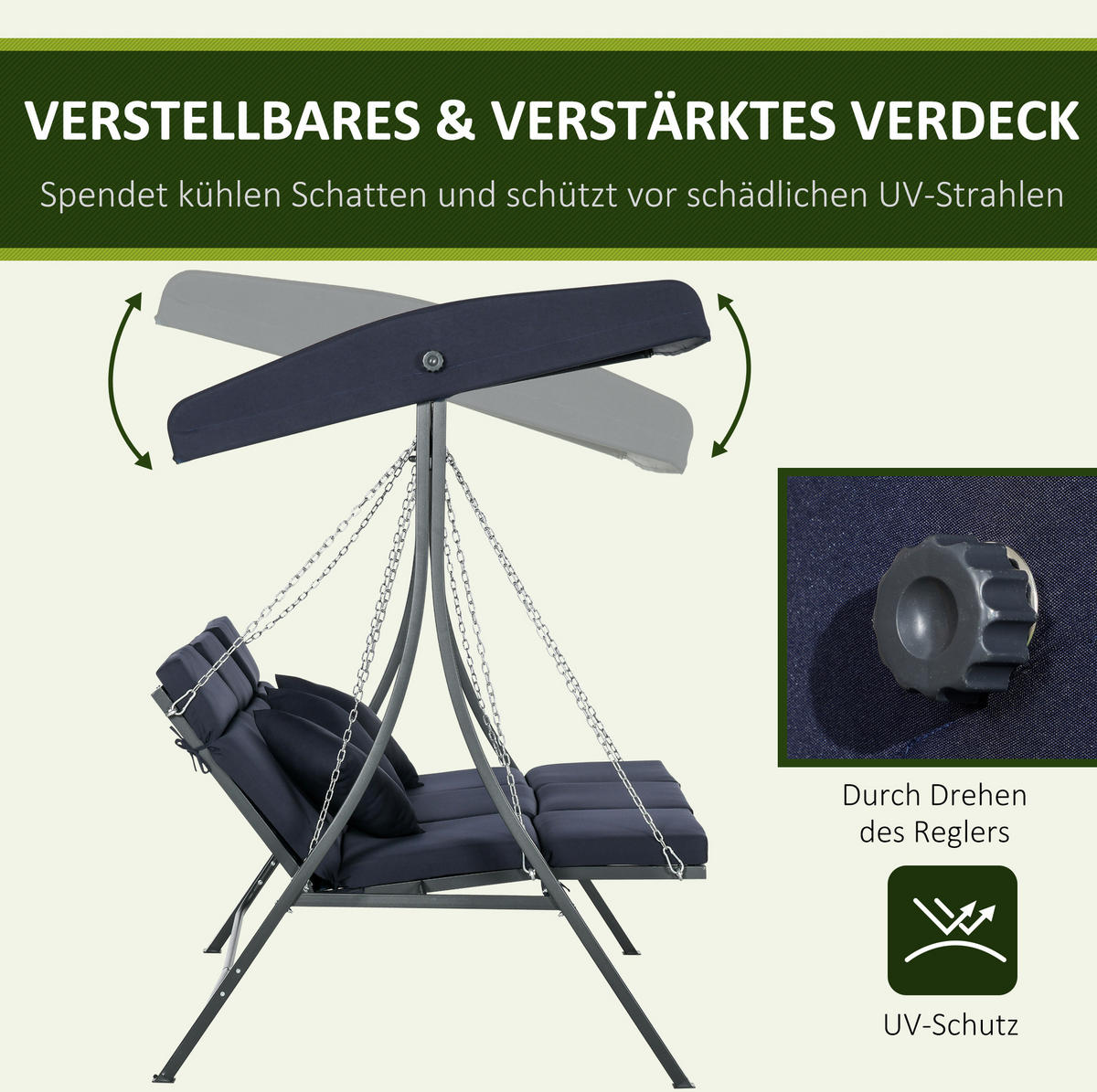 HOLLYWOODSCHAUKEL aus Eisen 156x89x168 cm in Dunkelblau mit verstellbarem Sonnendach - Dunkelblau, Metall (89/168/156cm) - Modfu