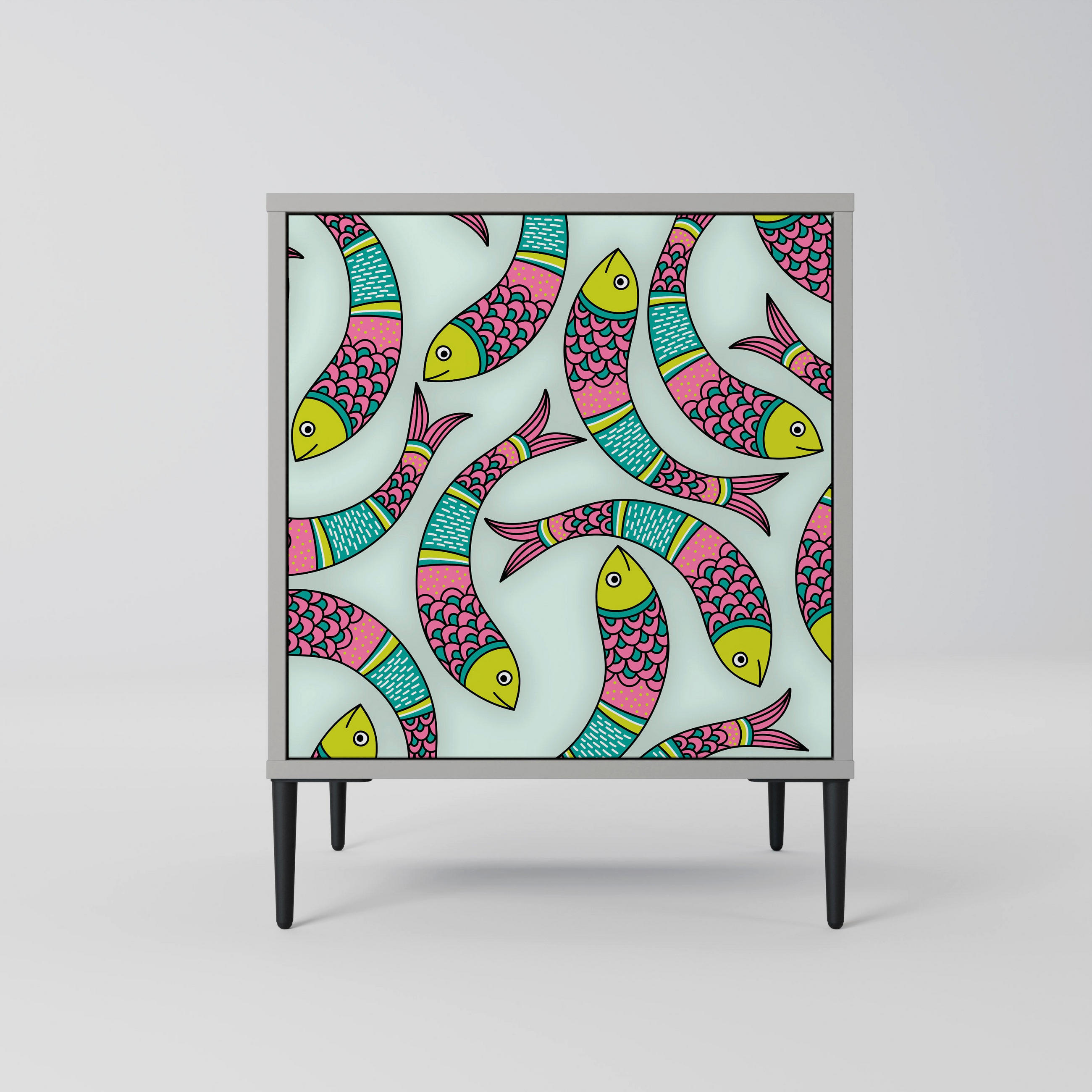 SIDEBOARD INDIAN FISH, Grau, 57,5x42x72,5 cm, Schwarze Metallfüße - Multicolor/Schwarz, Holzwerkstoff/Metall (57.5/72.5/42cm) - SpaceRebels
