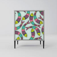 SIDEBOARD INDIAN FISH, Grau, 57,5x42x72,5 cm, Schwarze Metallfüße - Multicolor/Schwarz, Holzwerkstoff/Metall (57.5/72.5/42cm) - SpaceRebels