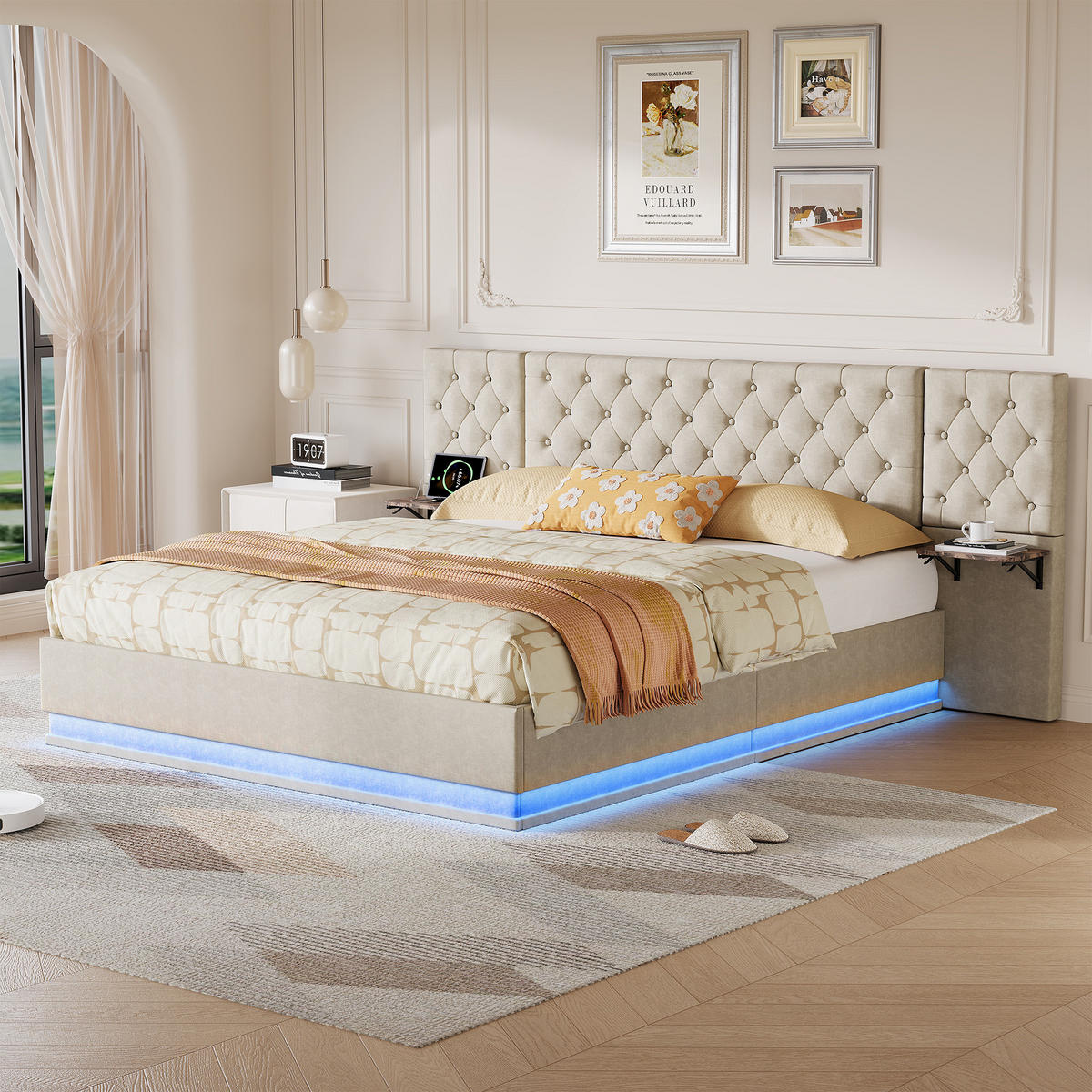 POLSTERBETT 140x200 cm Beige mit RGB-LED, Stauraum, USB-C & kabellosem Laden, Leinenbezug - Beige, Holz (140/200cm)
