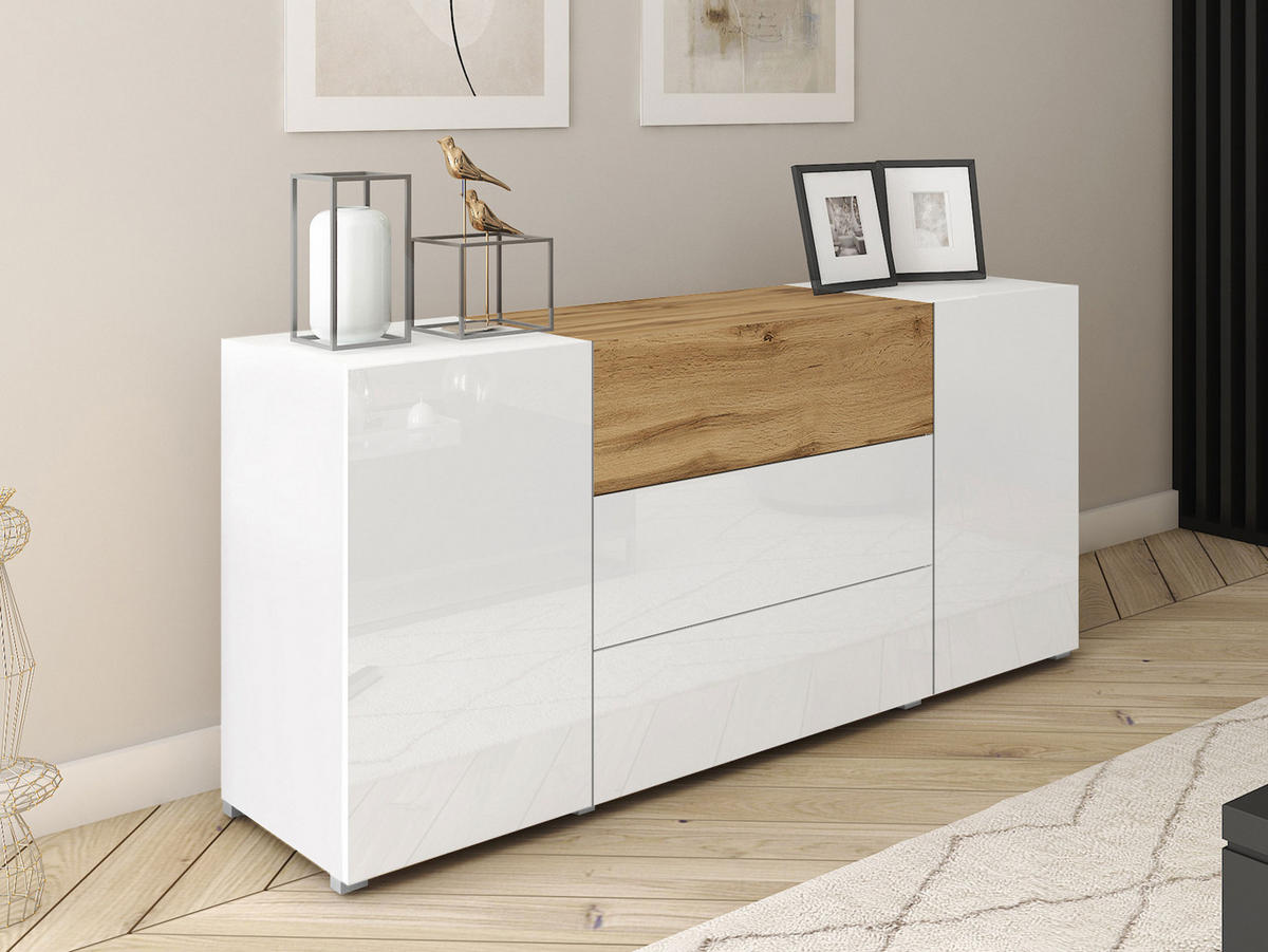 SIDEBOARD Berlin 150 - Weiß Hochglanz/Eiche Wotan, Holzwerkstoff/Kunststoff (150/68/39cm) - MIRJAN24