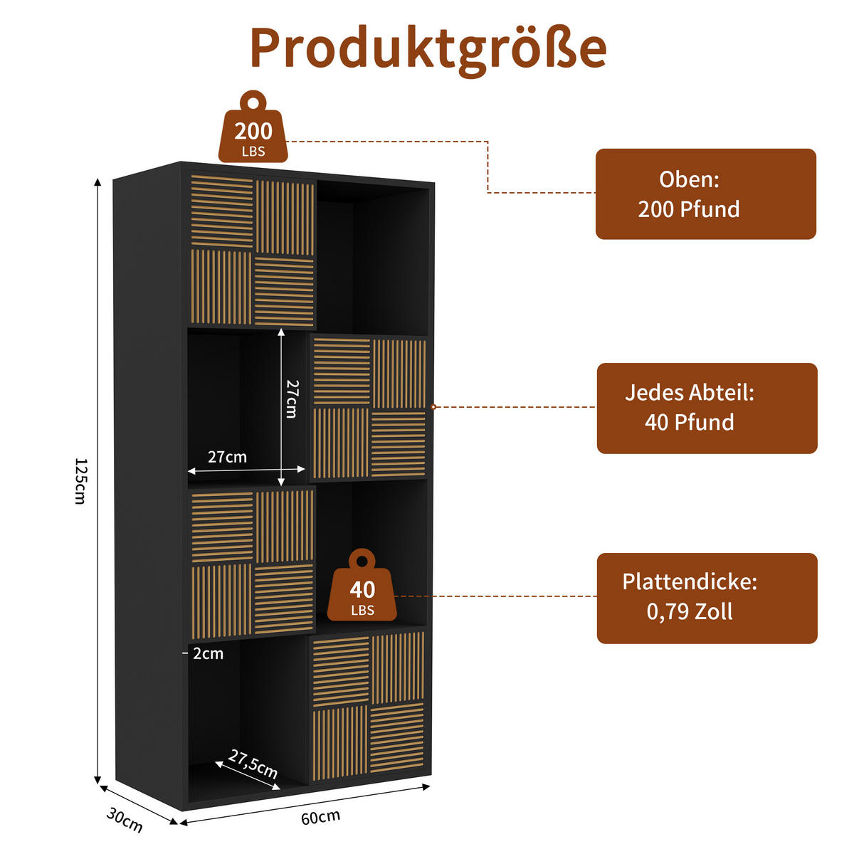 BÜCHERREGAL 125x30x60 cm Holz Lamellen Design Sideboard Aufbewahrung, Schwarz - Schwarz, Holz (60/125/30cm)