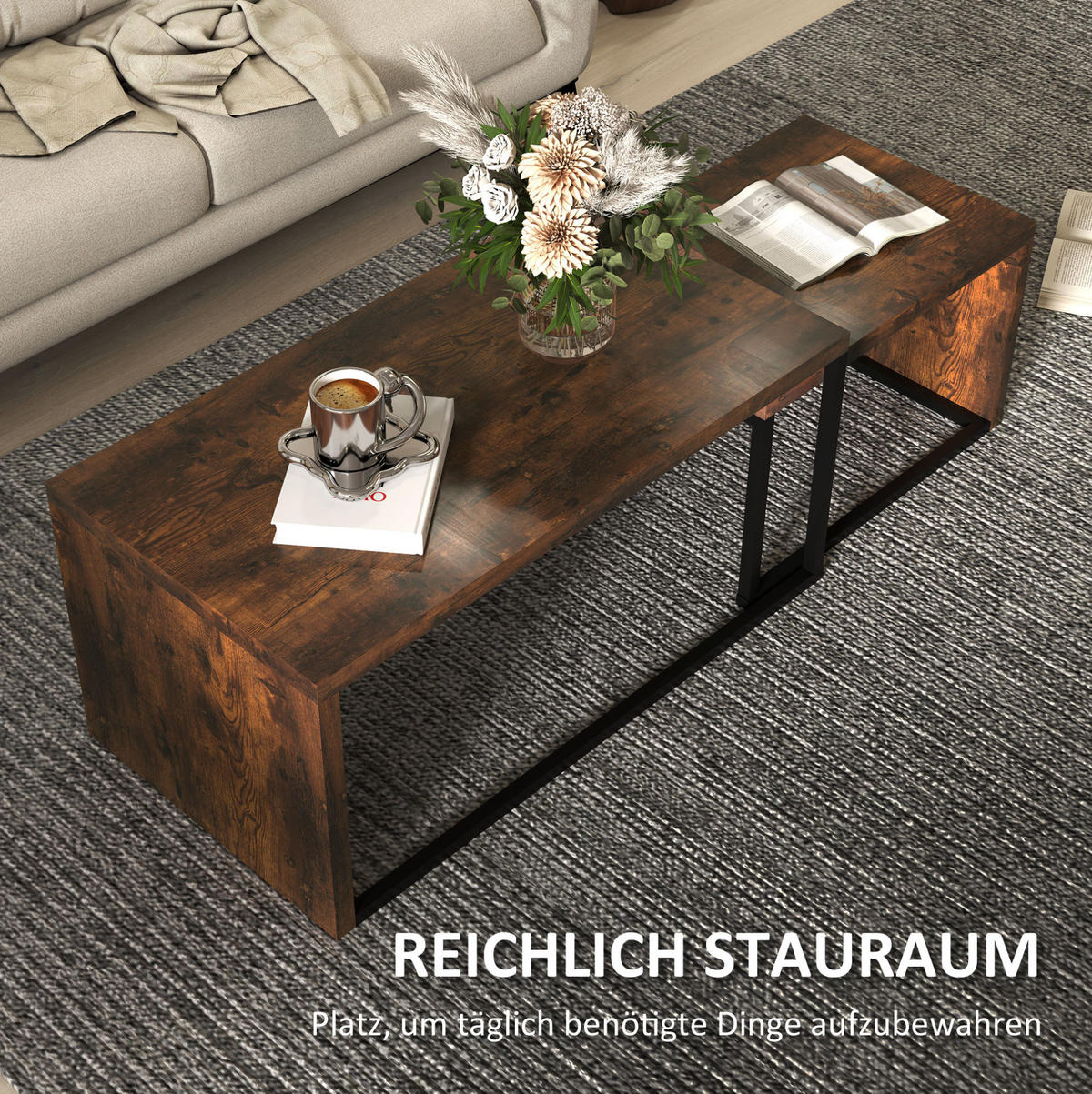 COUCHTISCH aus Holz 90x48x42/59x42x36 cm in Rustikalbraun mit 2 Tischen - Braun, Holzwerkstoff (90/48/42cm) - Modfu