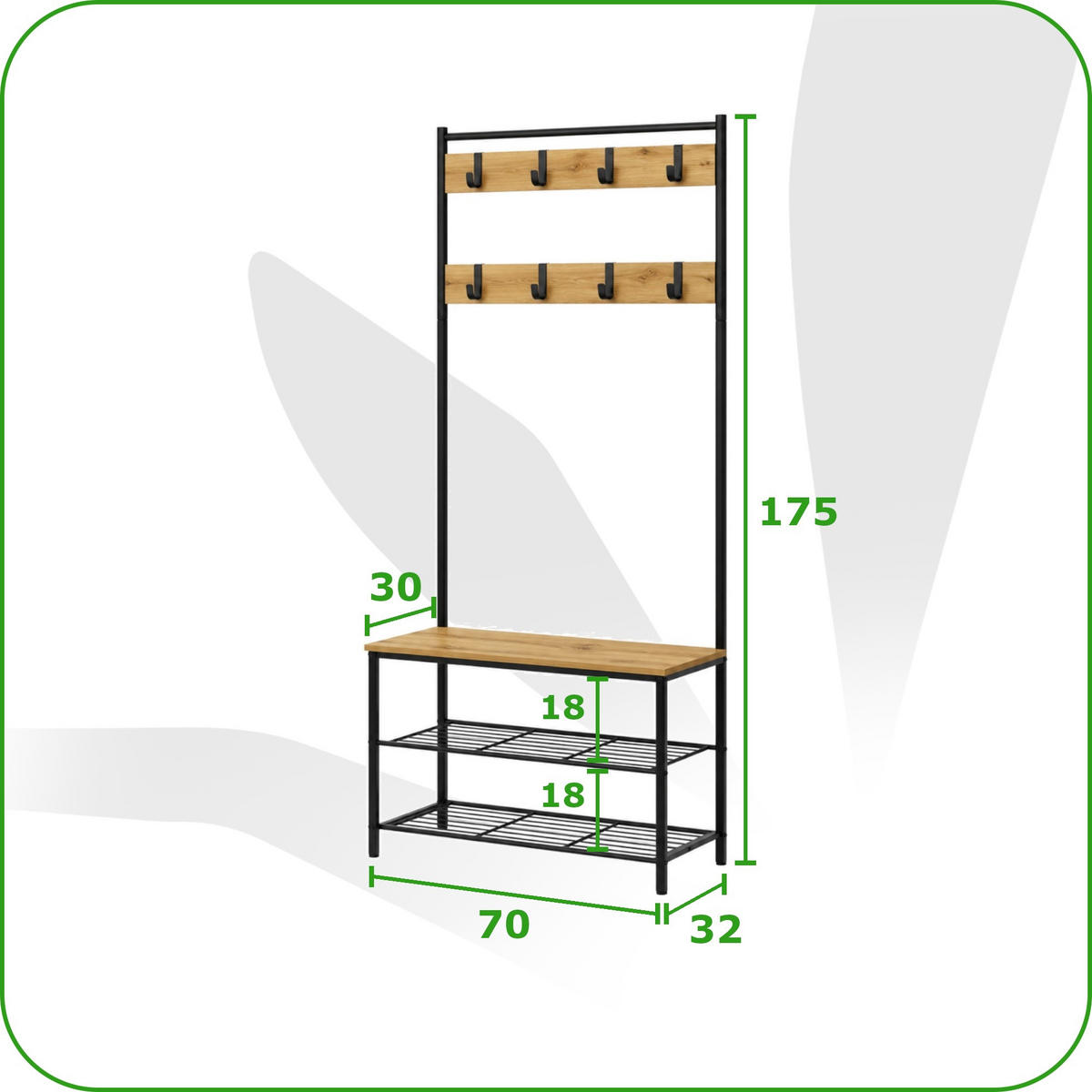 GARDEROBENSTÄNDER Eiche Schwarz 70x32x175 cm mit Sitzbank 8 Haken - Eichefarben/Schwarz, Holzwerkstoff/Metall (70/175/32cm) - Begryf