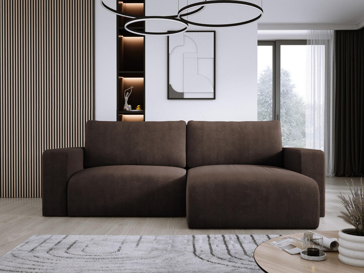 ECKSOFA Carl L-förmig Schlaffunktion und Bettkasten weicher Cordstoff flexibel stellbar lose Rückenkissen freistehend RECHTS 247x143x83cm Dark brown - Dunkelbraun, Holz/Textil (247/143cm) - DomoHome