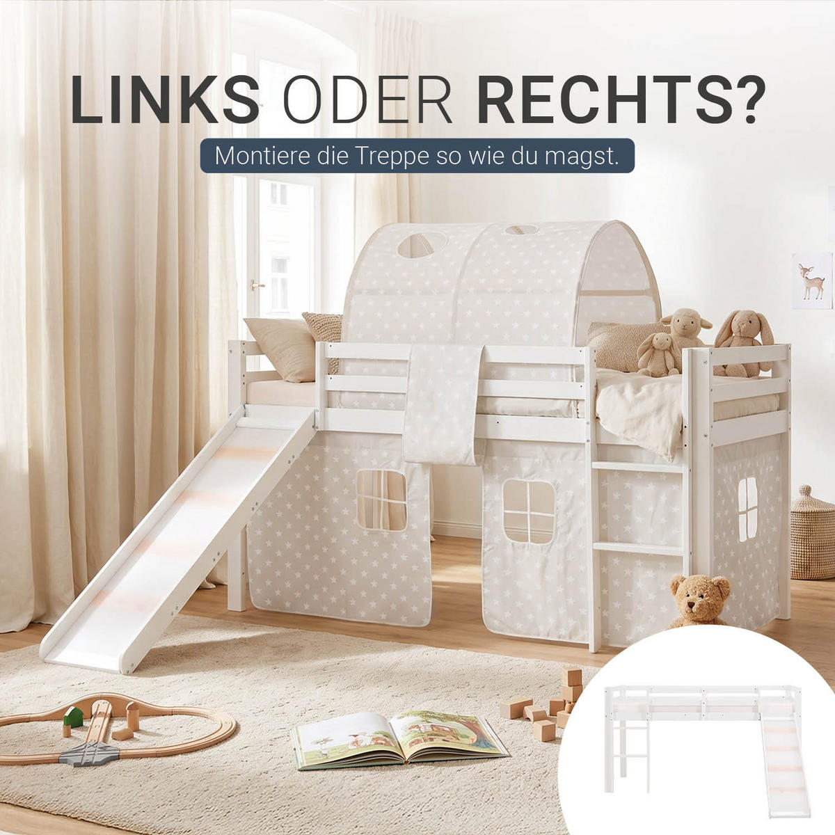 HOCHBETT 90/200 cm in weiß mit Lattenrost und Matratze - Weiß, Holz (90/200cm) - Homestyle4u