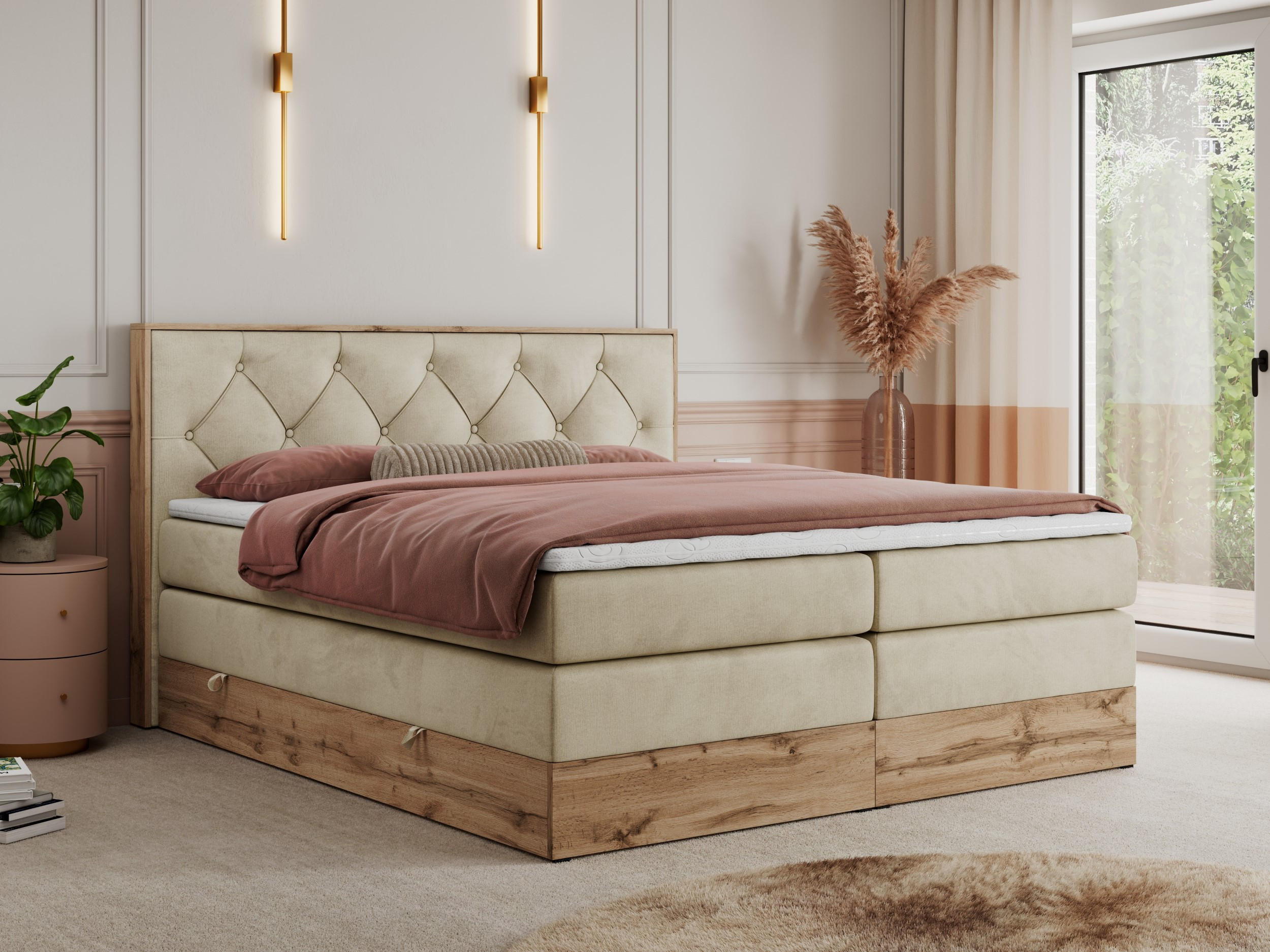 BOXSPRINGBETT VENETO KING 180/200 Beige Velvet - H4 - Beige, Holz/Textil (180/200cm) - MKS