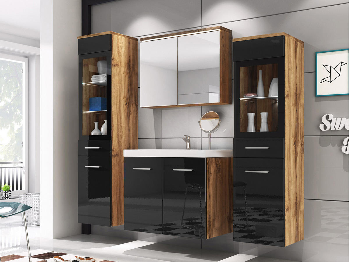 BADMÖBEL-SET Madrit II mit weißer LED Beleuchtung - Silberfarben/Eiche Wotan, Holzwerkstoff/Kunststoff (132/132/30cm) - MIRJAN24