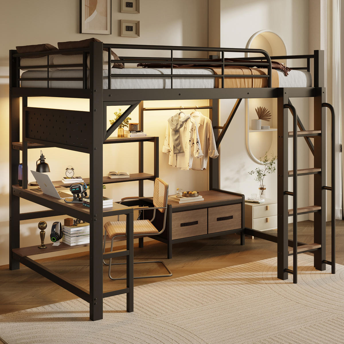 HOCHBETT 140/200 cm mit Eisenrahmen Schwarz, Schreibtisch, Lochwand und LED-Licht - Schwarz, Metall