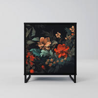 SIDEBOARD IMAGINARY BLOSSOM, Schwarz, 57,5x42x67,5 cm, Schwarze Metall-Rahmenfüße - Multicolor/Schwarz, Holzwerkstoff/Metall (57.5/67.5/42cm) - SpaceRebels