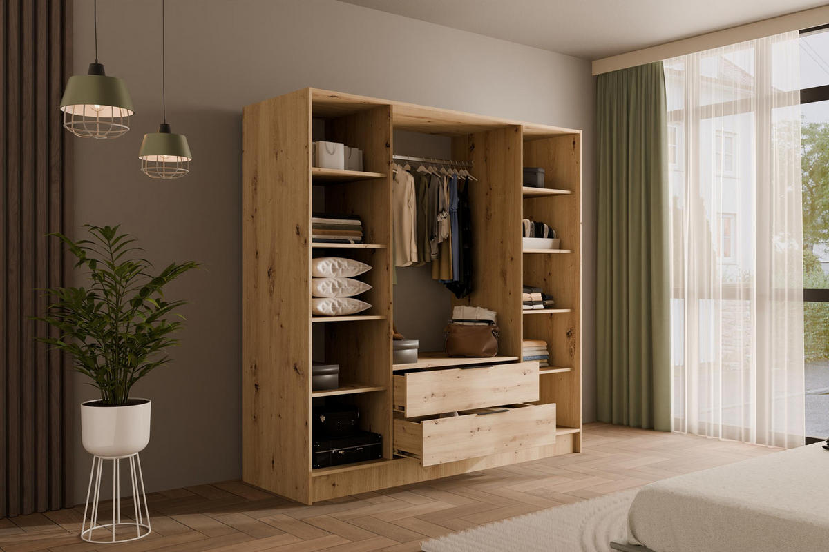 KLEIDERSCHRANK NELIA - 200 cm - Schwarz/Eiche Artisan, Holzwerkstoff (200/200/51cm) - ALTDECOR