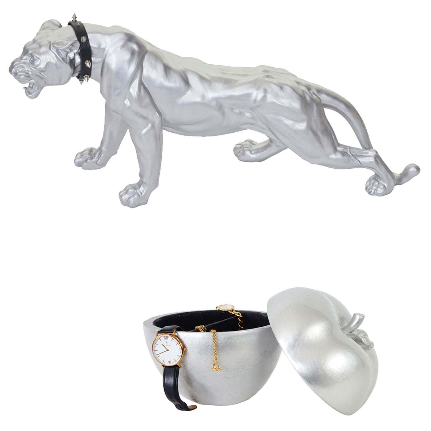 DEKO FIGUR LEOPARD APFEL Silber 2er-Set - Silberfarben, Stein (18/28/59cm) - MCW