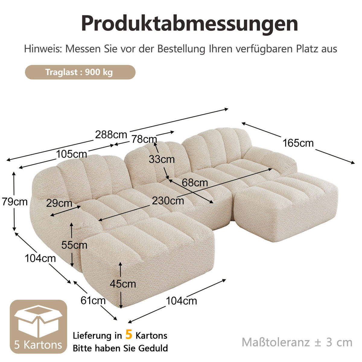 WOHNLANDSCHAFT DE-34312 3-Sitzer mit 2 Ottomans Beige - Beige, Textil (165/79/288cm) - ComfortXL