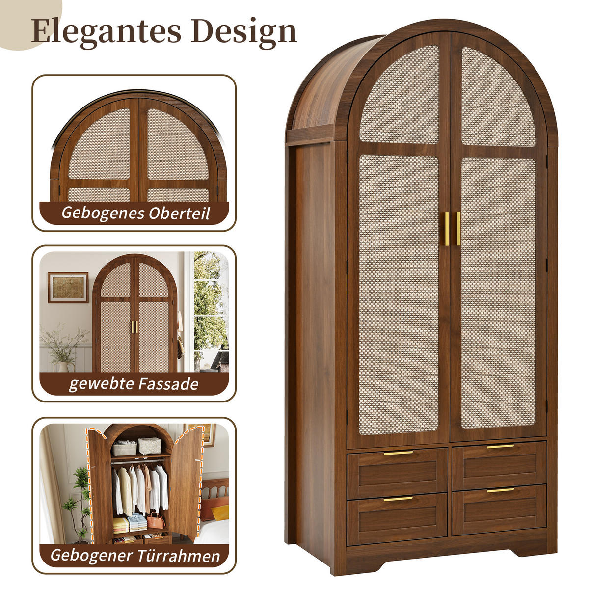 KLEIDERSCHRANK Gebogene Türen Stauraum Schubladen Schlafzimmer - Walnussfarben, Holzwerkstoff (50/179/80cm) - FLIEKS
