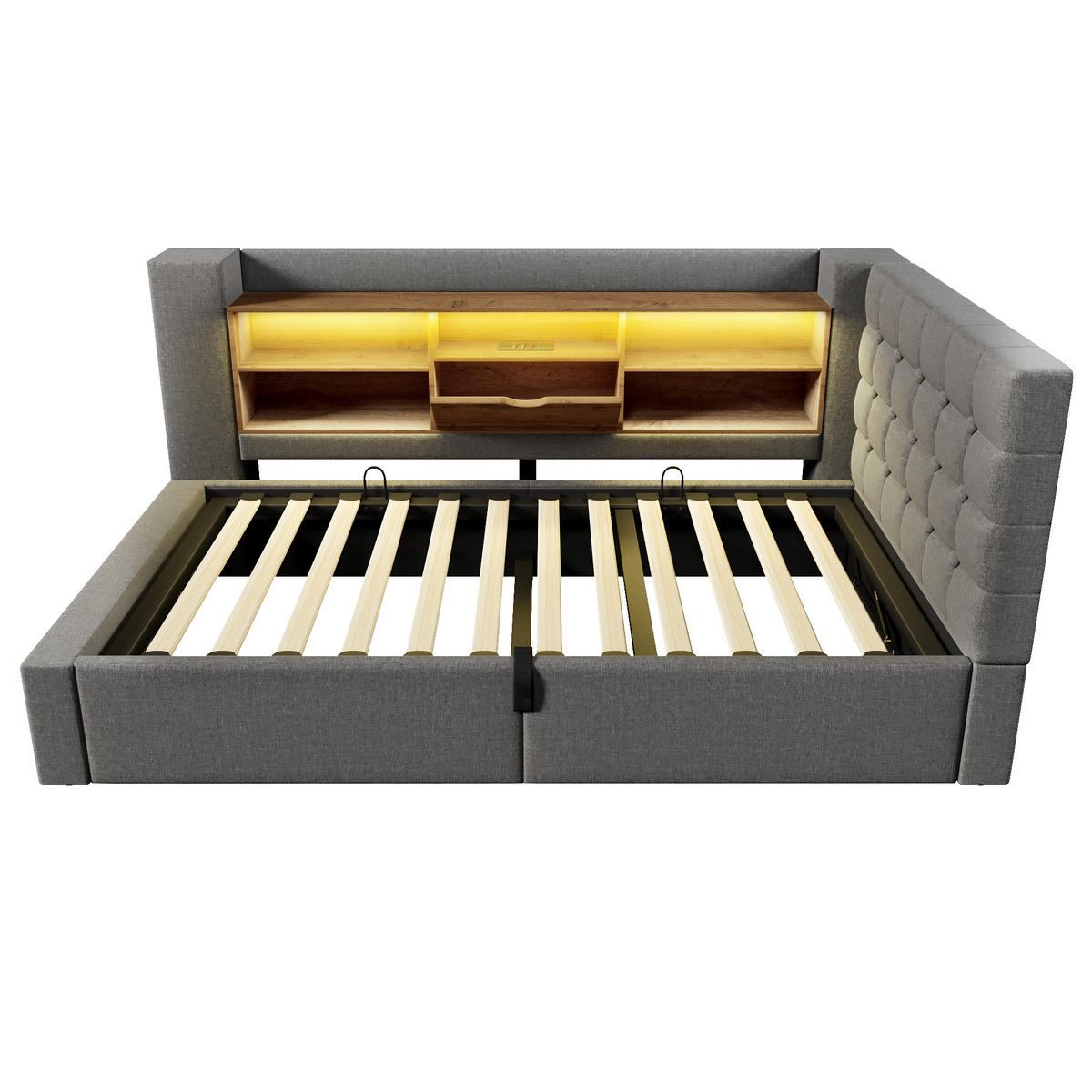 POLSTERBETT 90/200 cm mit LED-Beleuchtung, USB-Anschlüssen, hydraulischem Stauraum und L-Kopfteil, Grau - Grau, Textil (90/200cm) - Redom