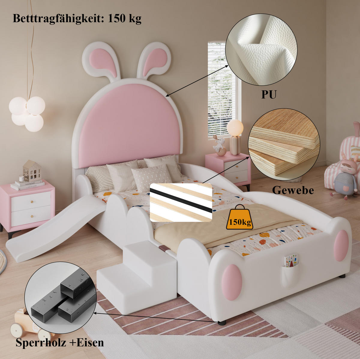 KINDERBETT 90/200 cm mit Rutsche, Treppe und Hasenohren-Kopfteil aus PU, Weiß/Rosa - Rosa, Kunststoff (90/200cm) - Redom