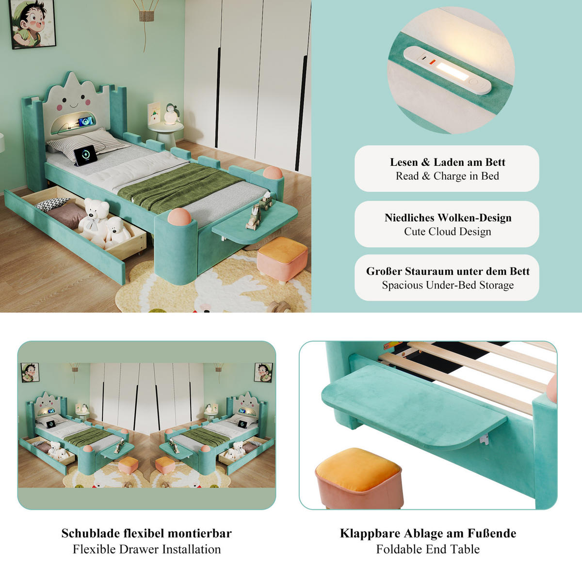 POLSTERBETT 90/200 cm Blaugrün mit LED und USB ohne Matratze - Petrol, Textil (90/200cm) - MIVRAY