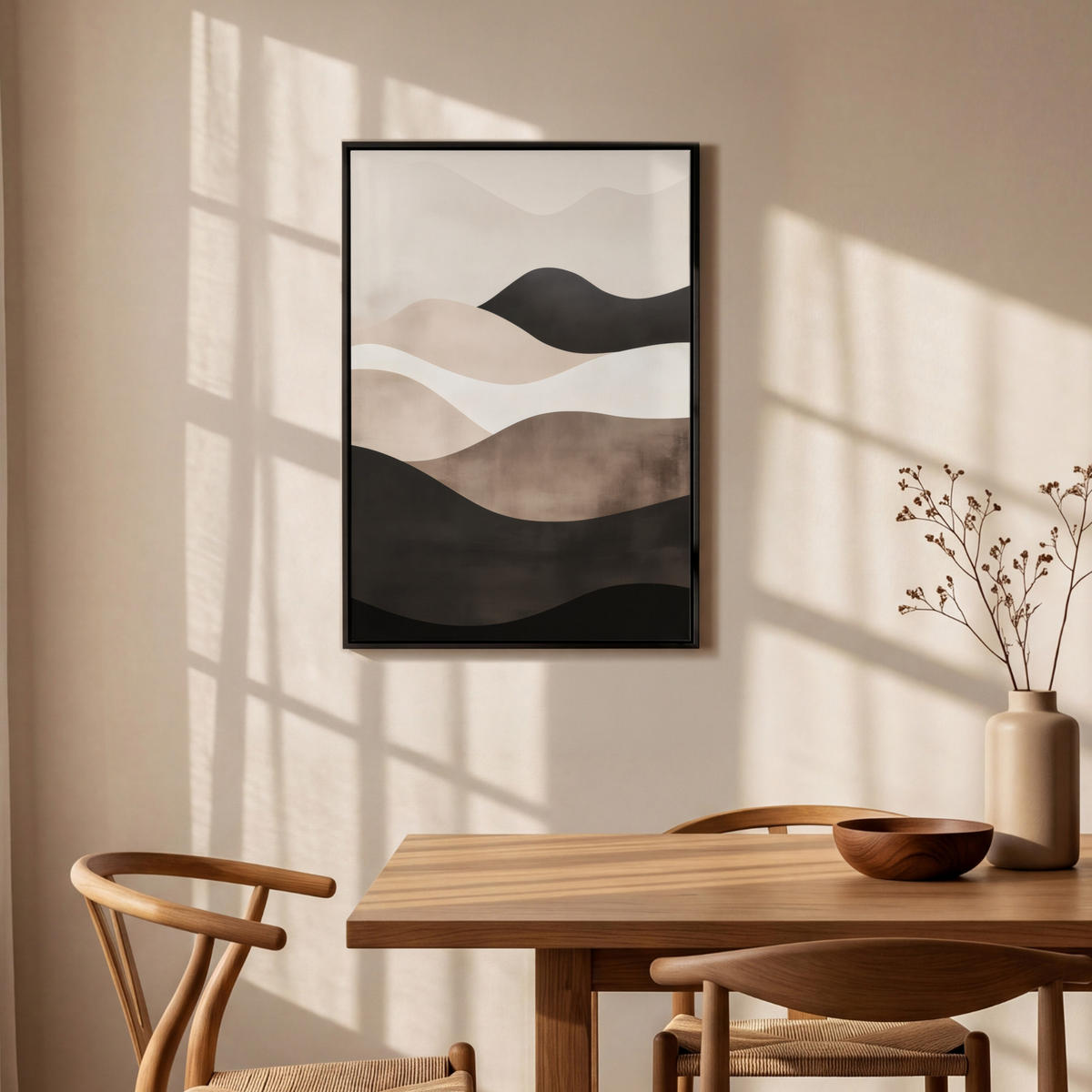 LEINWAND Bilder mit Rahmen - Abstrakt - Landschaft - Wellen - Cremefarben - 60x90 - Cappuccino, Textil (60/90cm) - MuchoWow