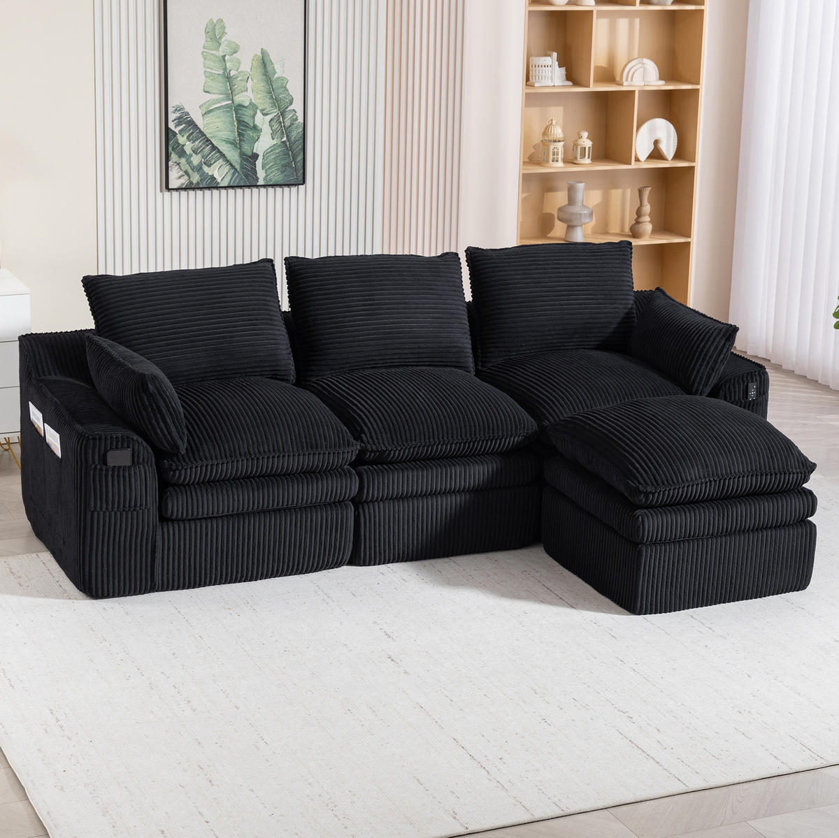 SOFA modular mit Hocker ca. 263 x 167 x 85 cm Cord Schwarz - Schwarz, Kunststoff (167/263cm) - Meubliv