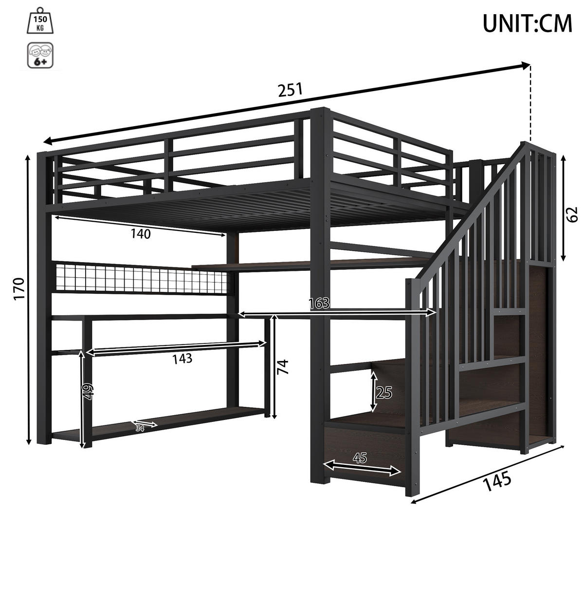 GAMING-HOCHBETT 140x200 cm in Schwarz mit LED, Schreibtisch, Kleiderschrank und Stauraum - Schwarz, Holzwerkstoff (140/200cm) - IVMEU
