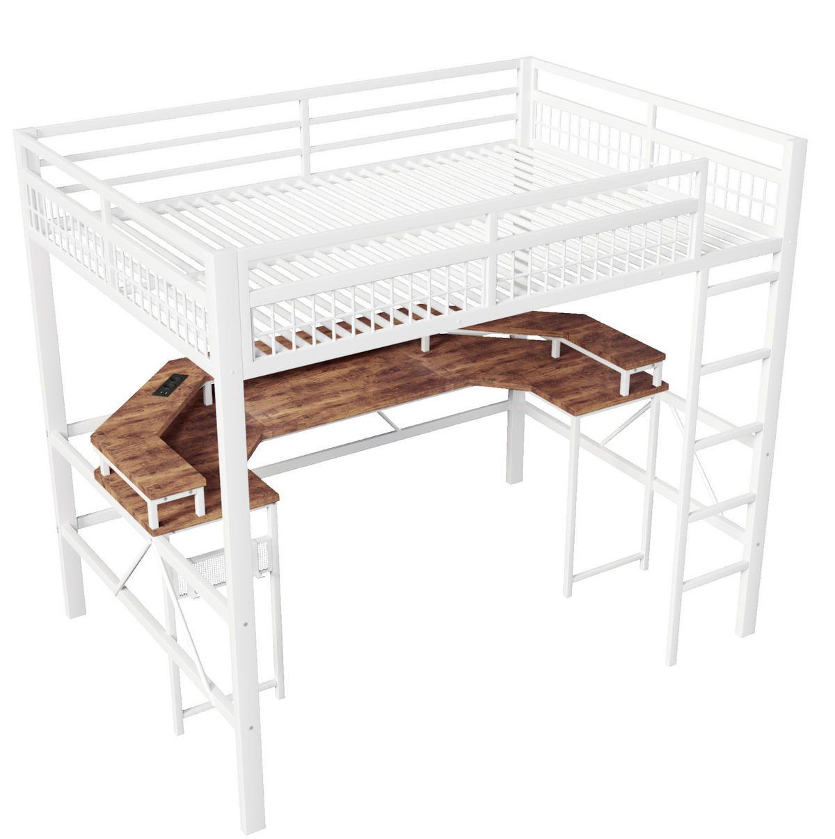 HOCHBETT 140/200 cm in Weiß mit Schreibtisch und LED-Beleuchtung - Weiß, Metall (140/200cm) - Flora Grace