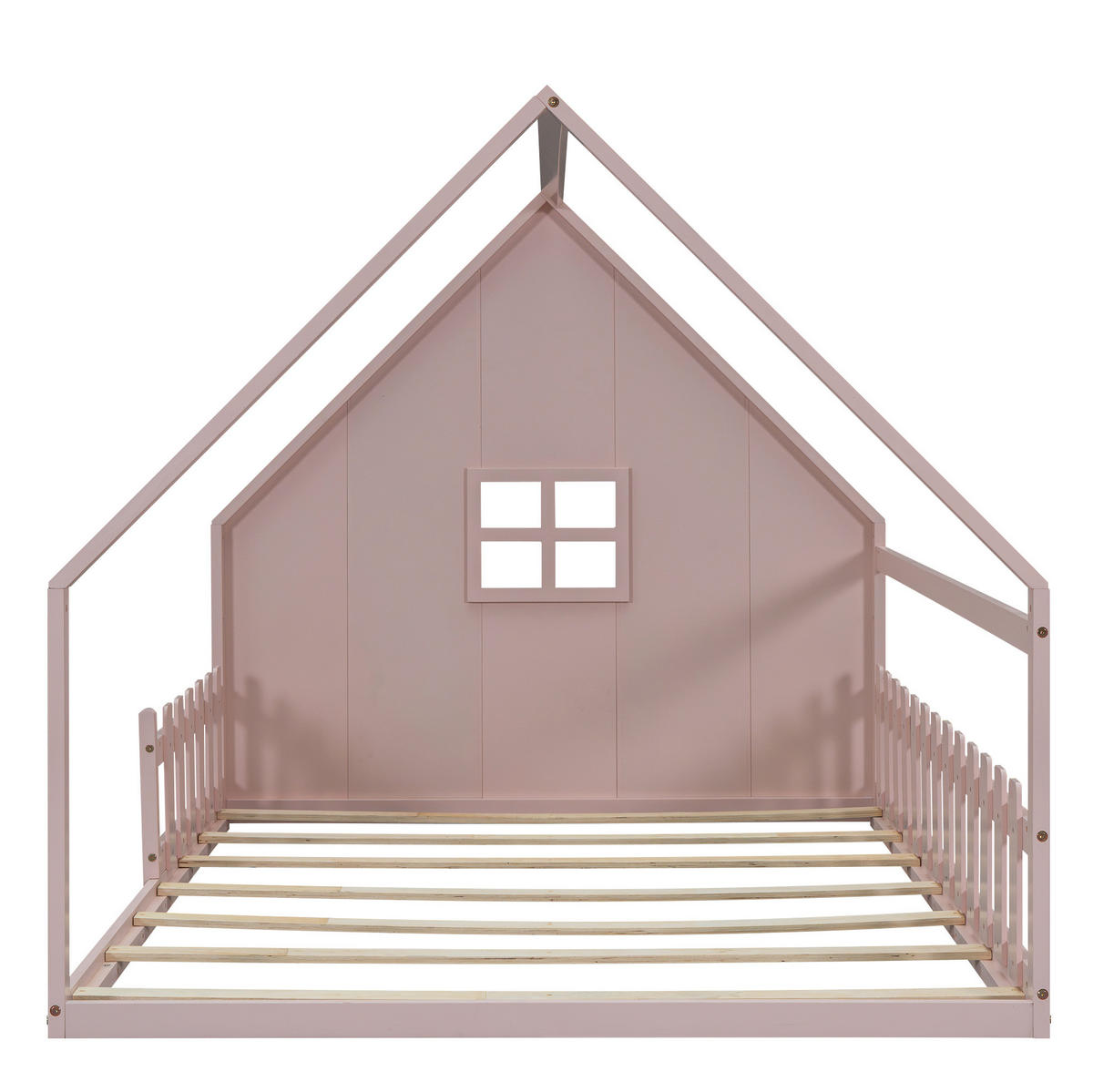 HAUSBETT 140/200 cm in Rosa – aus Kiefernholz mit Dachrahmen und Geländer - Rosa, Holz (140/200cm) - BEAOK