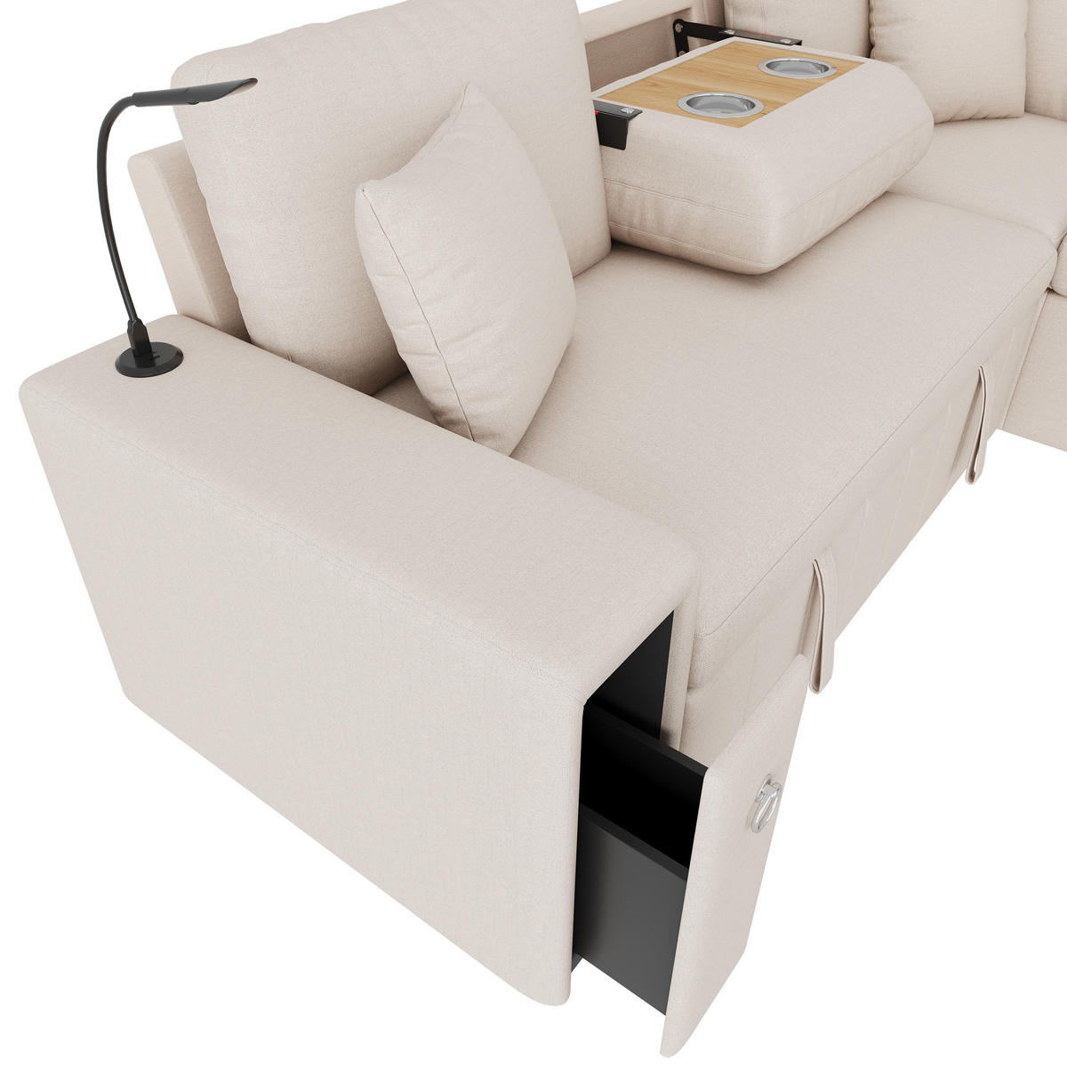 SCHLAFSOFA Beige L-Form USB Stauraum Tisch 2 Kissen - Beige, Textil (184/213cm) - FLIEKS
