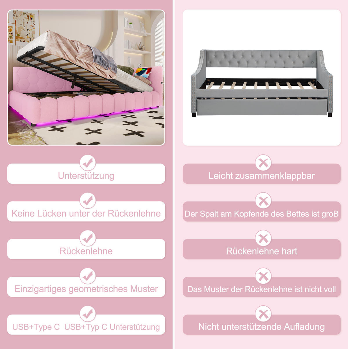 TAGESBETT 140/200 cm mit LED-Lichtleiste, USB, Typ-C und hydraulischem Bettkasten, Vliesimitat, Rosa - Rosa, Textil (140/200cm) - Redom