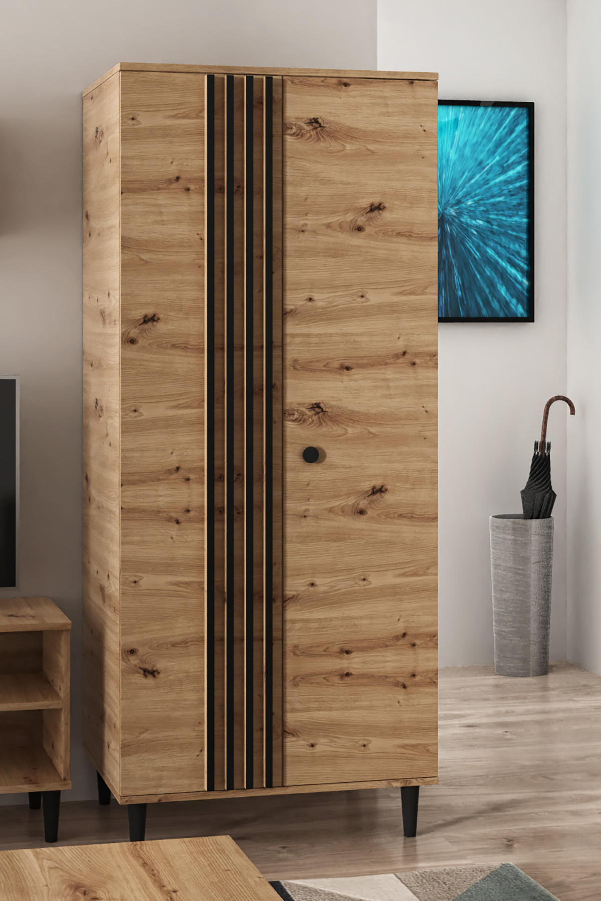 DREHTÜRENSCHRANK Laura 80 cm 2-türig mit Lamellen, eiche artisan, schwarz - Schwarz/Eiche Artisan, Holz/Kunststoff (80/196/56cm) - Margaret Hadas24