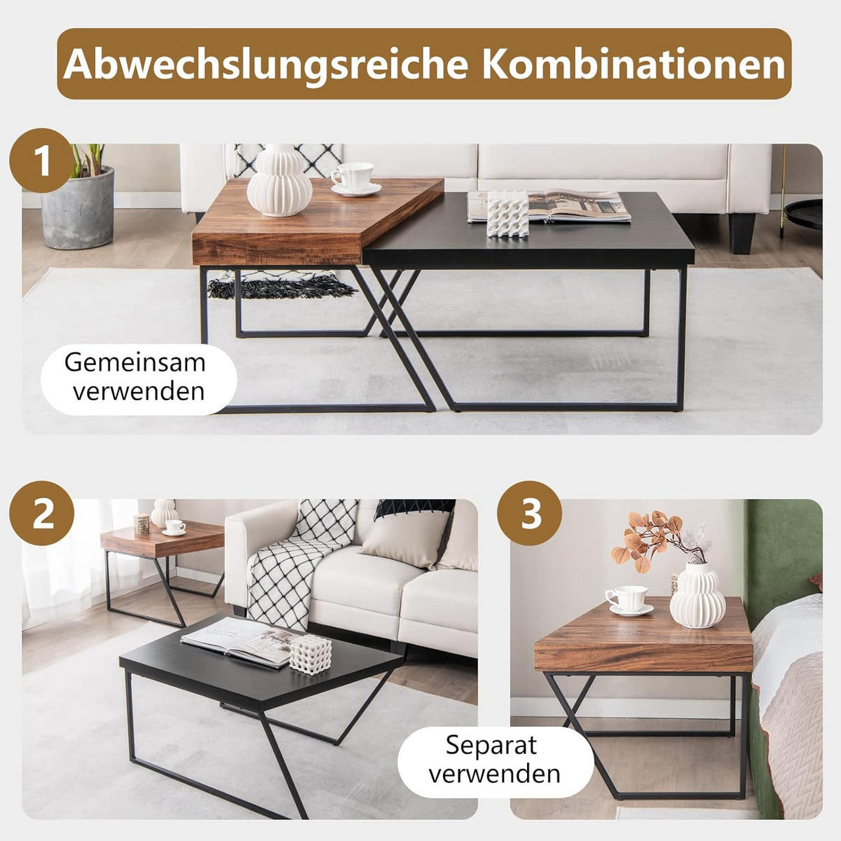 SATZTISCH Schwarz (2er-Set) - Schwarz, Holz (120/60/46cm) - COSTWAY