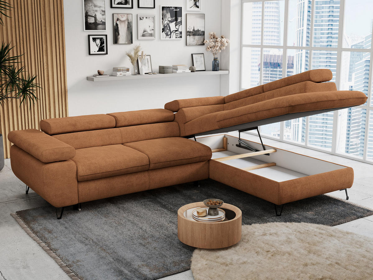 ECKSOFA PETER L Orange Struktur - Rechts Seite - Schwarz/Orange, Textil/Metall (273/208cm) - MKS