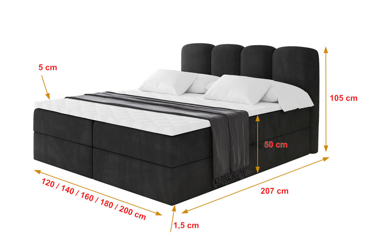 BOXBETT mit Matratze H4 - NINA - 160x200 cm - Schwarz - Schwarz Hochglanz, Holzwerkstoff (160/200cm) - ALTDECOR
