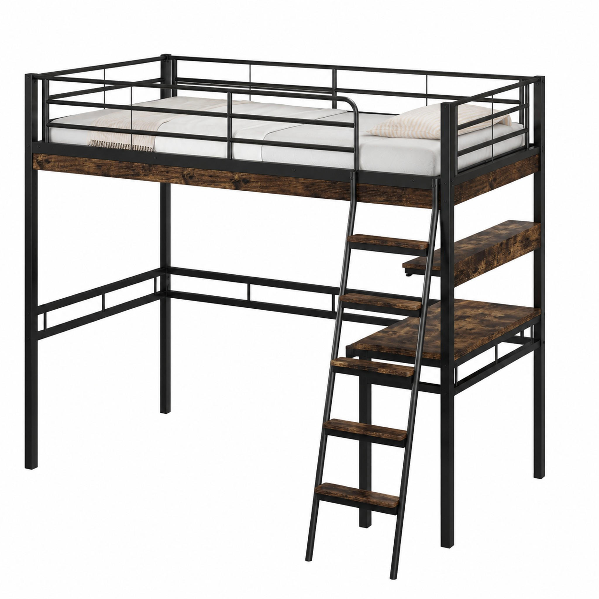 HOCHBETT mit Schreibtisch und Regalen 90x200 cm Metall Schwarz - Schwarz, Metall (90/200cm) - Meubliv