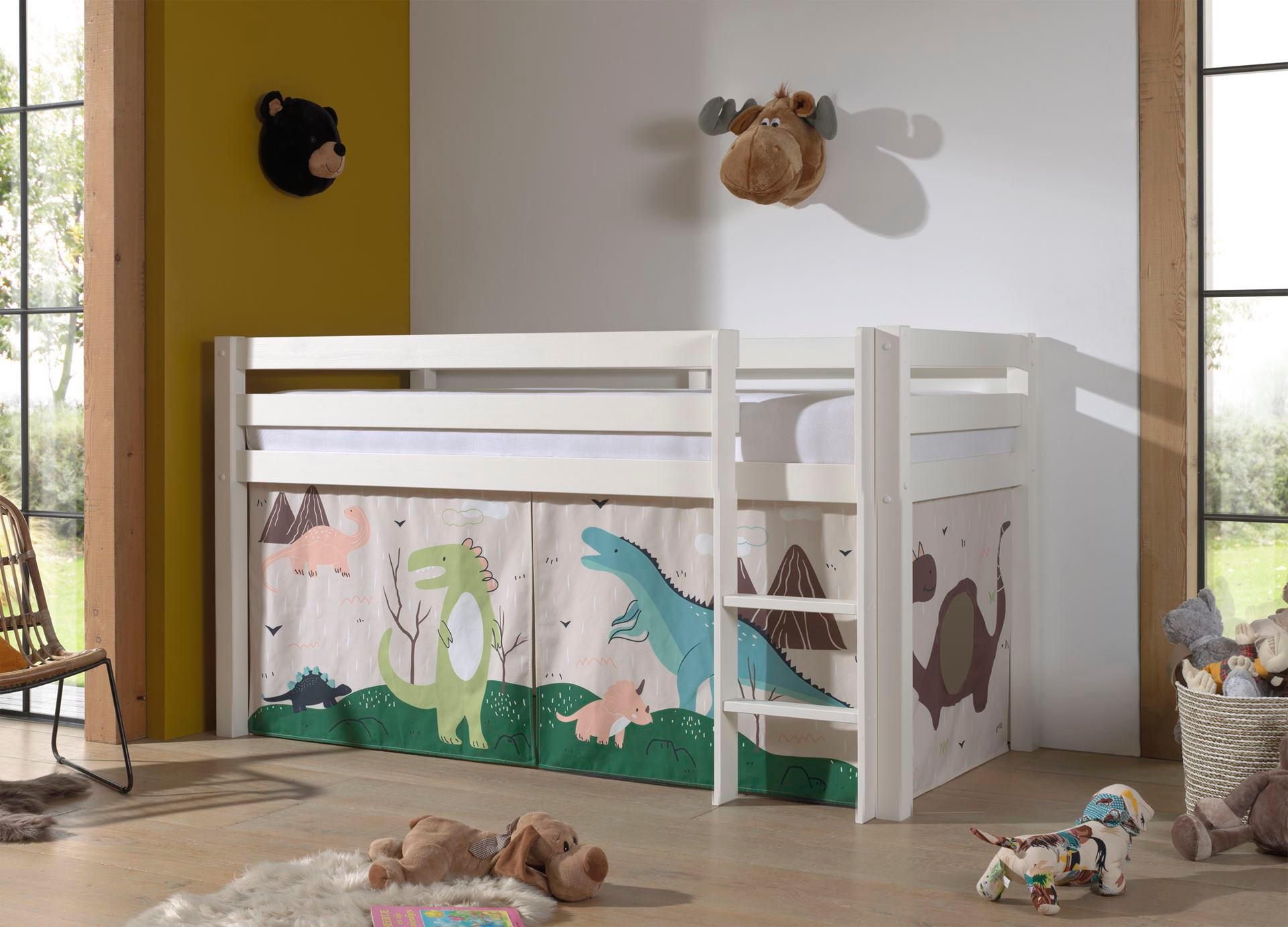 KINDERBETT Karolina 210x114x106 Massivholz Weiß Textilset Dino - Mauve/Weiß, Holz (90/200cm) - 58aufmkessel