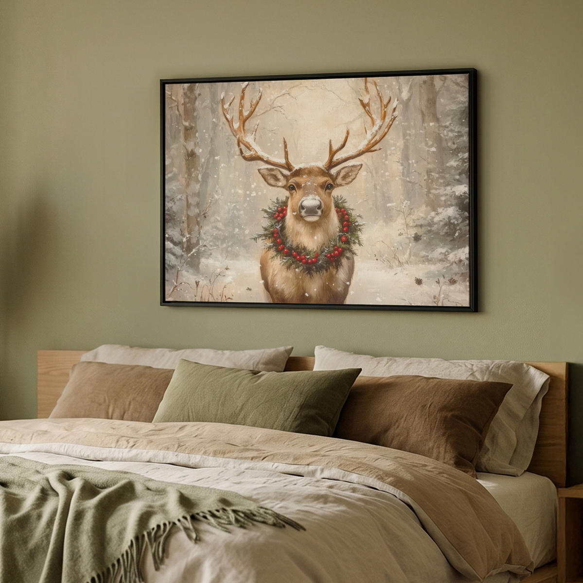 LEINWAND Bilder mit Rahmen - Weihnachten - Rentier - Winter - Kranz - 100x70 - Naturfarben, Textil (100/70cm) - MuchoWow