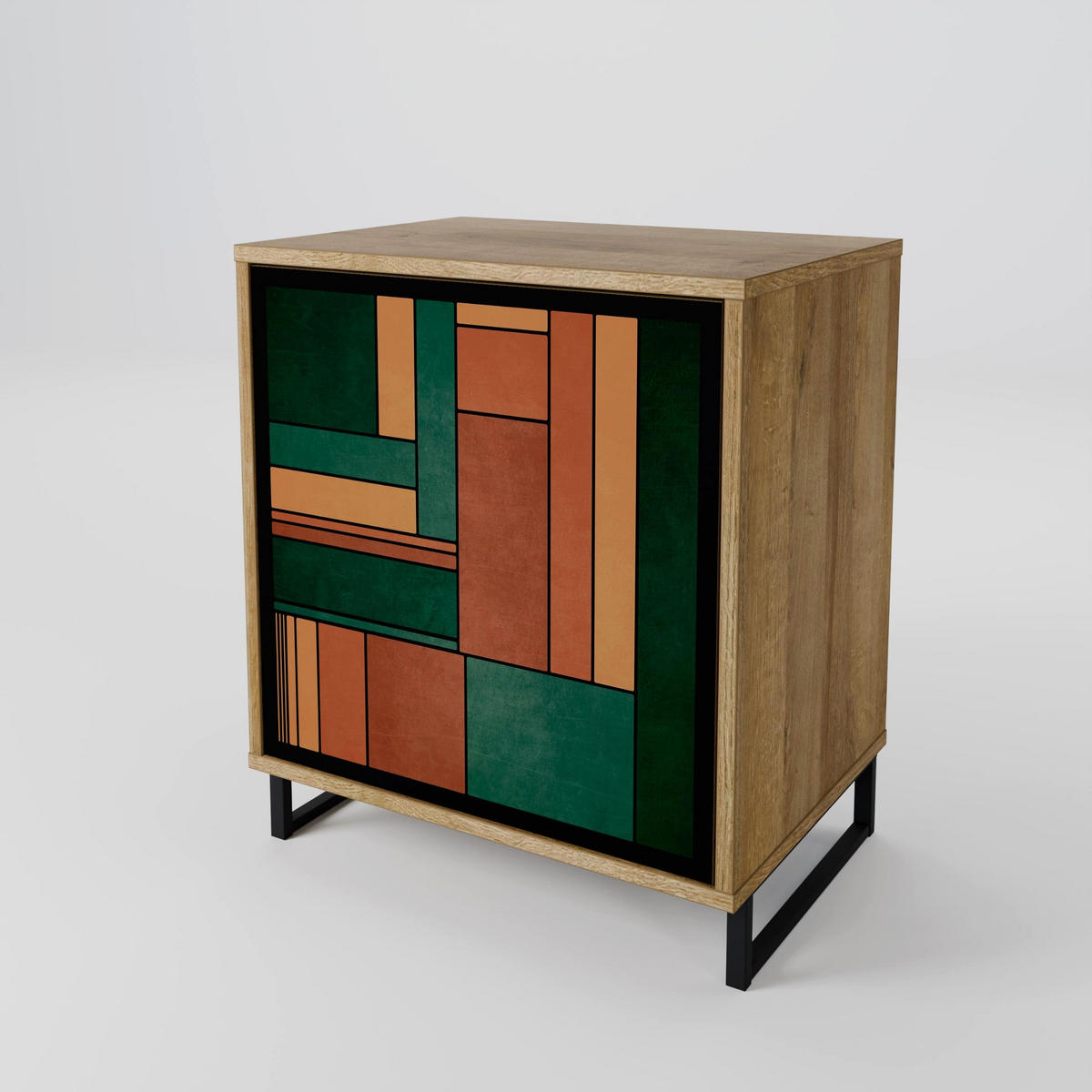 SIDEBOARD EARTHY FIGURES, Eichefarben, 57,5x42x70,5 cm, Schwarze Metall-Sternfüße - Eichefarben/Multicolor, Holzwerkstoff/Metall (57.5/70.5/42cm) - SpaceRebels