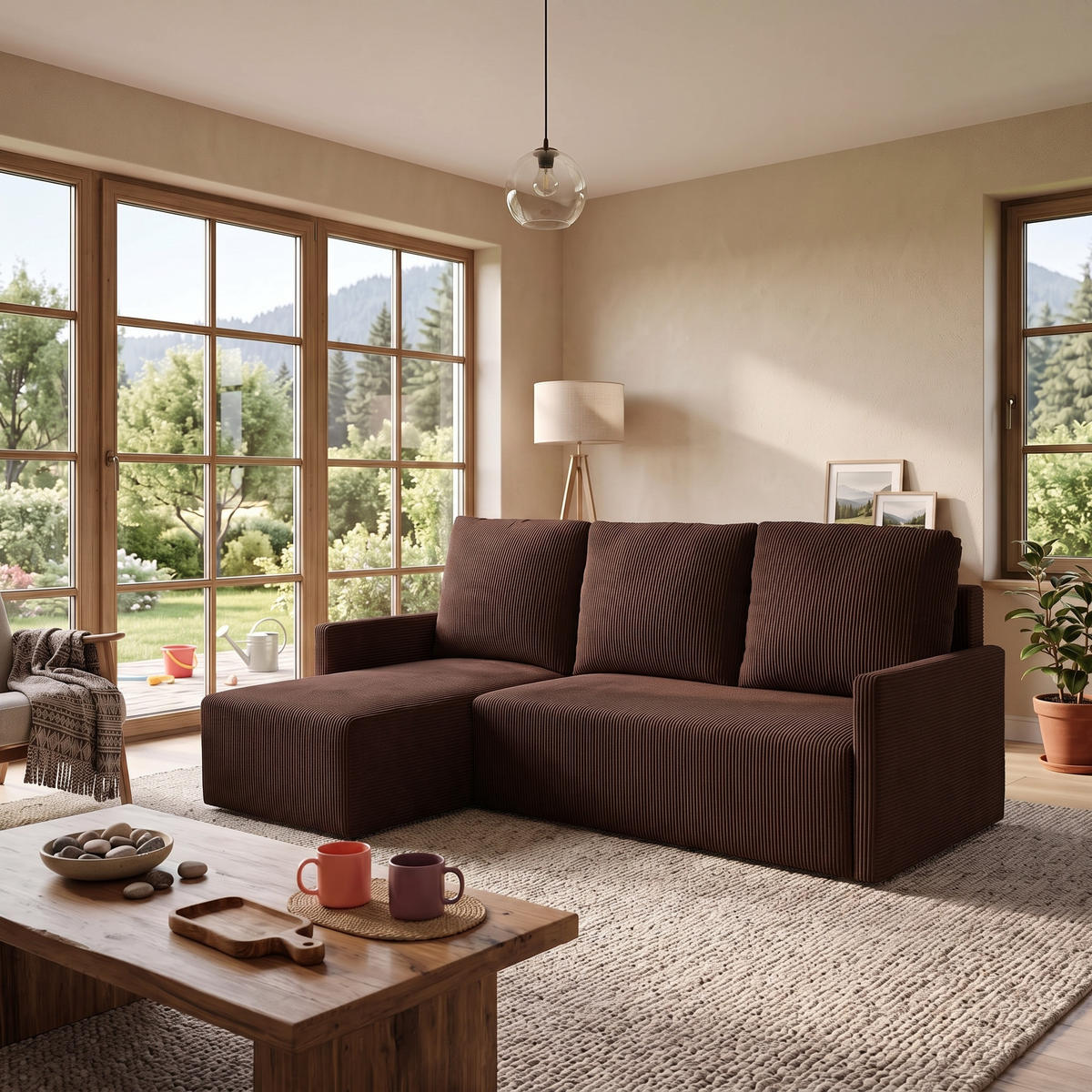ECKSOFA GARDA L universell links/rechts montierbar mit Schlaffunktion 132x198 cm Cord Dunkelbraun - Dunkelbraun/Schwarz, Holz/Kunststoff (209/145cm) - NACANAPA