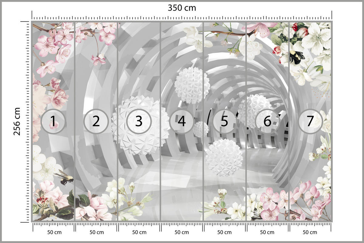 FOTOTAPETA Pre Obývaciu Izbu Tunel S BLUMEN KUGELN Kvety Florálna Perspektíva 350 x 256 cm - sivá/biela, papier (350/256cm) - Muralo