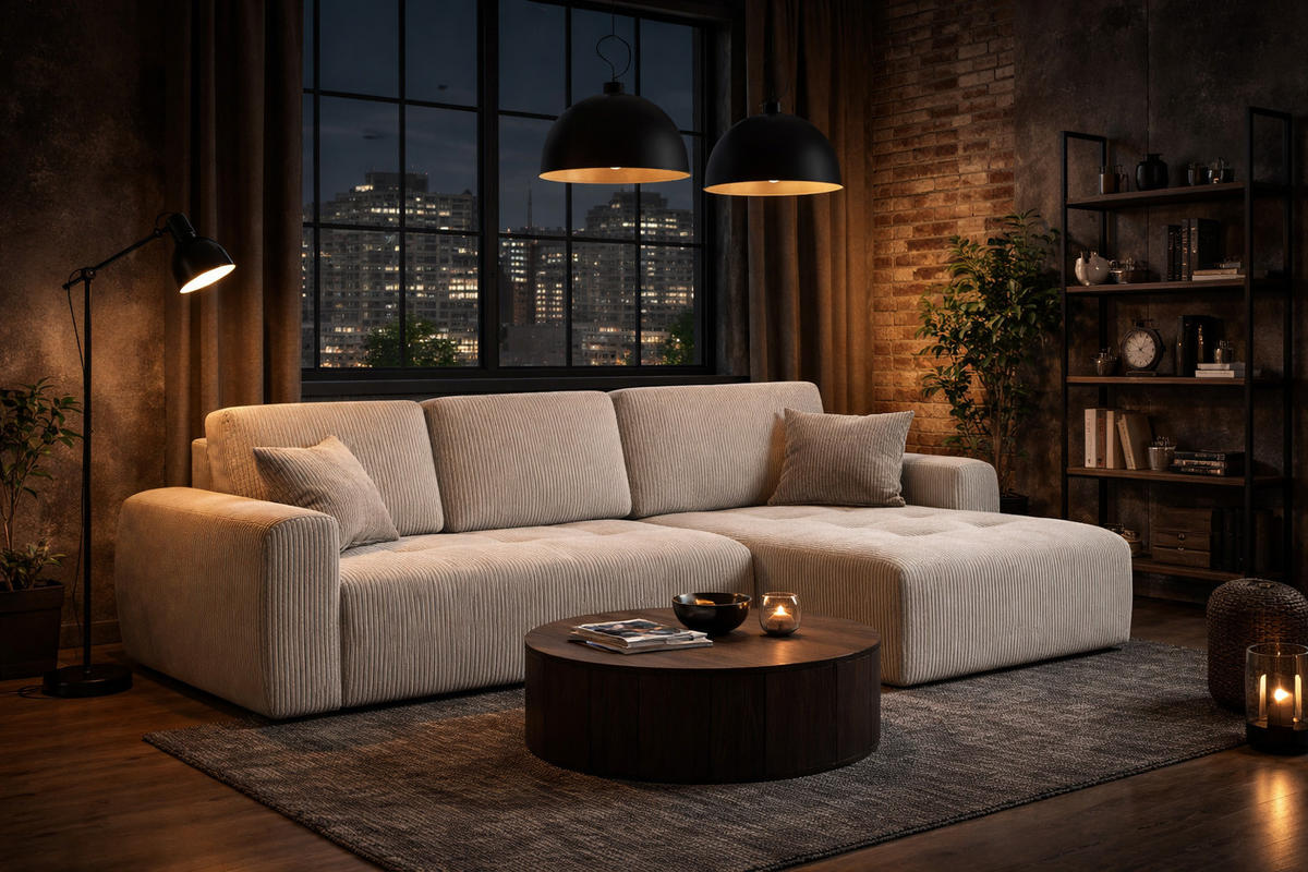 ECKSOFA Mit Schlaffunktion Und Bettkasten L-Form Ivo L, Cordstoff Poso, Beige, Rechts - Beige, Holz (250/142cm) - Kaiser Möbel