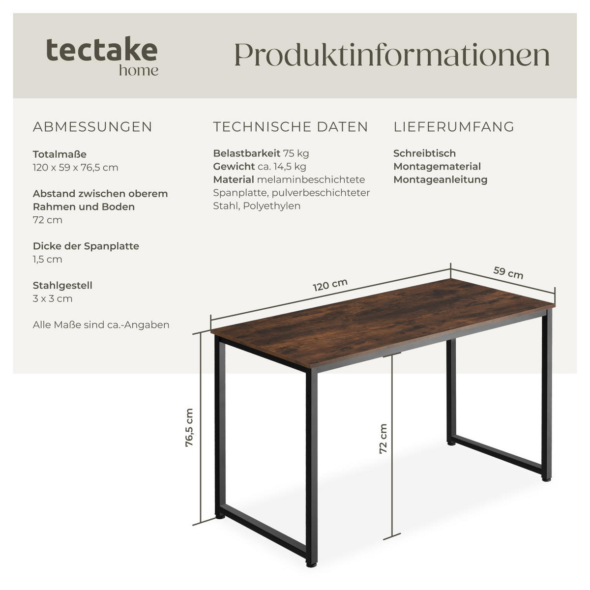 SCHREIBTISCH Flint, Höhe 76, 5 cm, Industrial Holz dunkel, rustikal - Rostfarben, Holzwerkstoff (59/120/76.5cm) - tectake