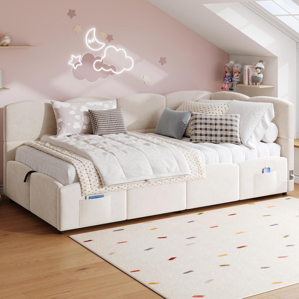 POLSTERBETT 90/200 cm aus Samt mit hydraulischem Stauraum und USB-Anschluss Beige - Beige, Textil (90/200cm) - Modenvie