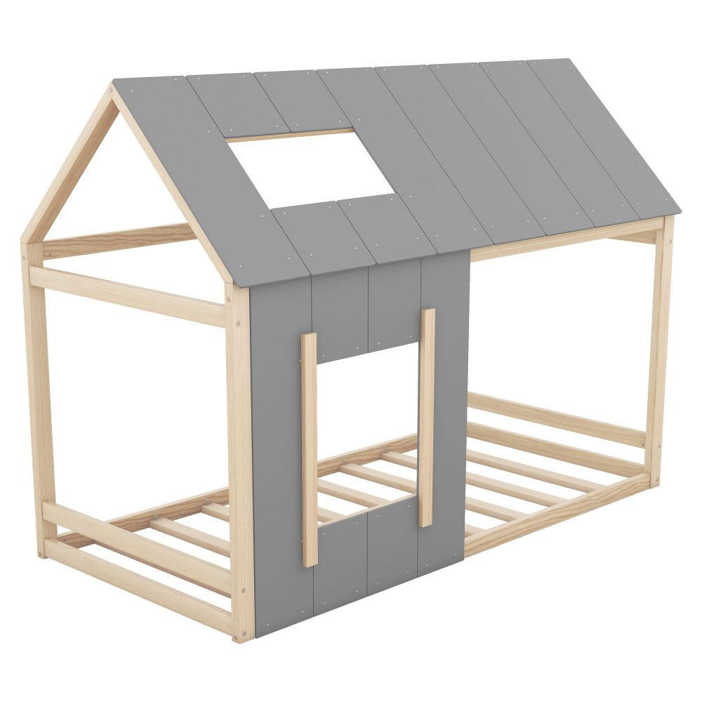 HAUSBETT 90/200 cm in Natur und Grau mit Fenster - Kieferfarben, Holz (90/200cm) - KOMHTOM