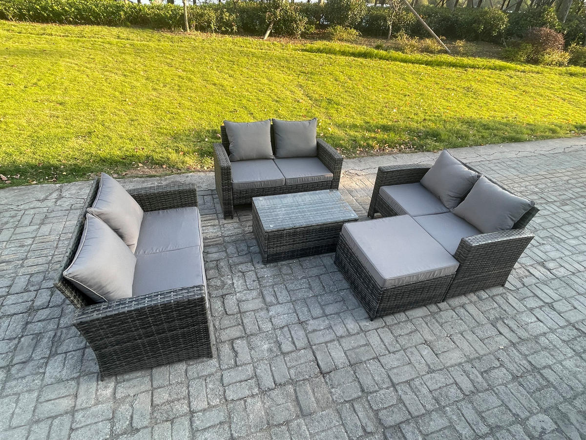 GARTENSOFA Hohe Rückenlehne Polyrattan Dunkelgrau 7-Sitzer - Dunkelgrau, Metall - Fimous