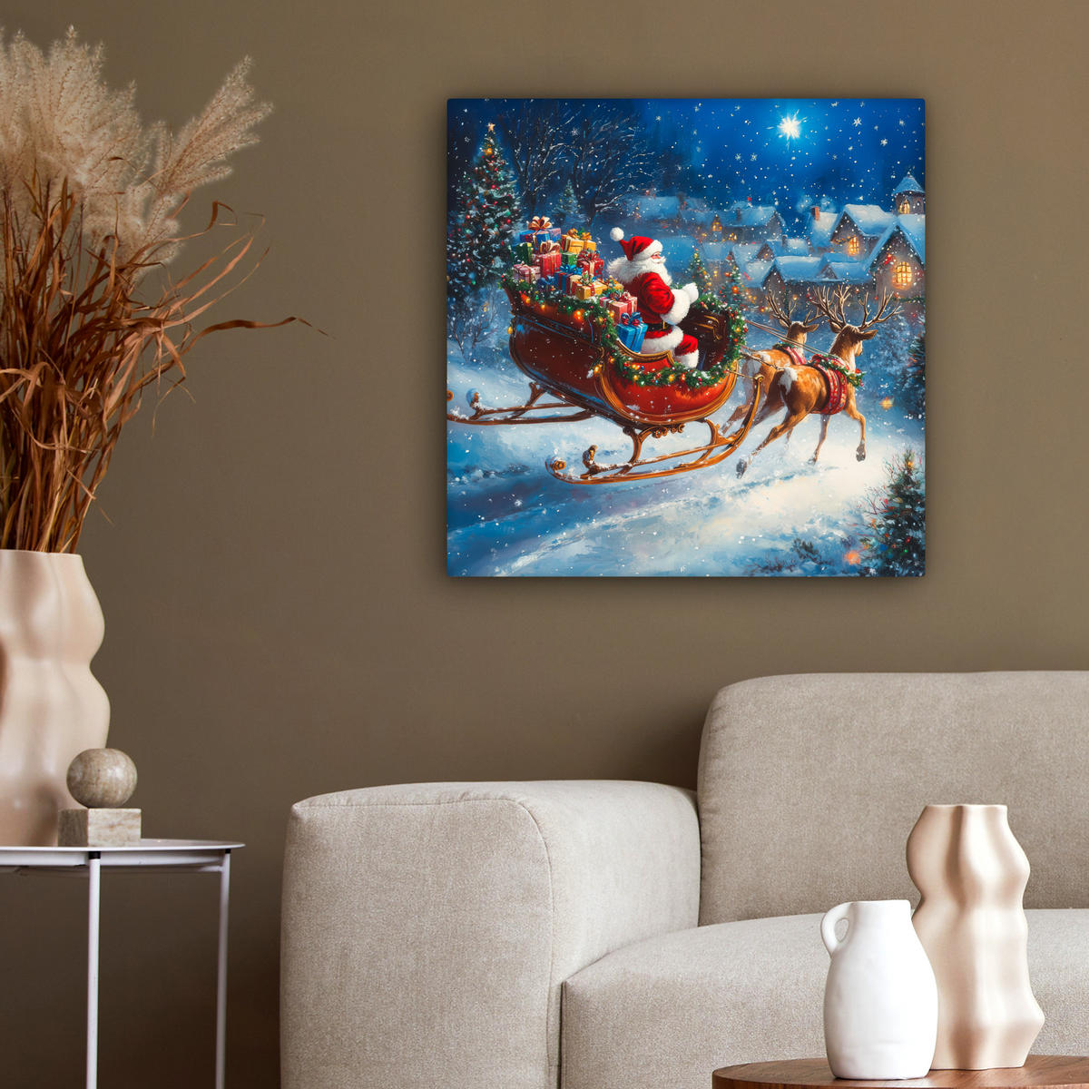 LEINWANDBILD Weihnachtsmann - Rentier - Weihnachten - Schnee 50x50 cm - Cognac, Textil (50/50cm) - MuchoWow