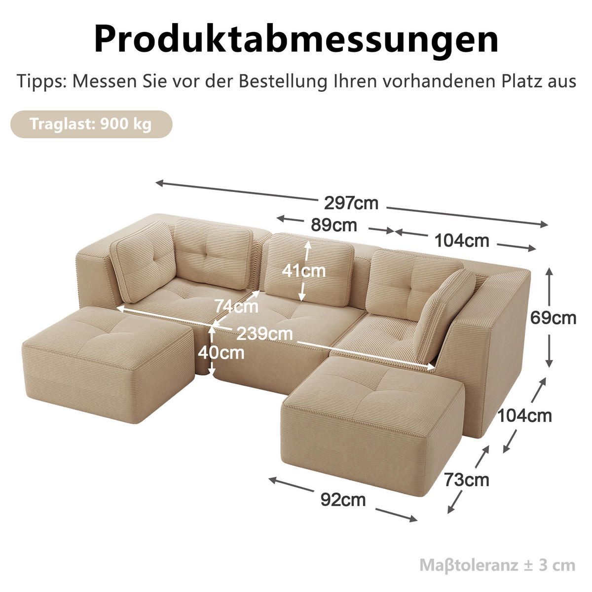 WOHNLANDSCHAFT DE-34220 3-Sitzer mit Ottomane Beige - Beige, Textil (177/69/297cm) - ComfortXL