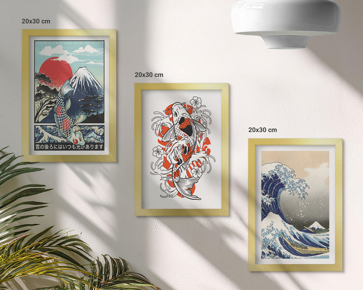 BILDER SET 3er Set - 20x30 cm Goldrahmen - Berge von Fischen Große Welle Japan - Goldfarben, Kunststoff (20/30cm) - TULUP